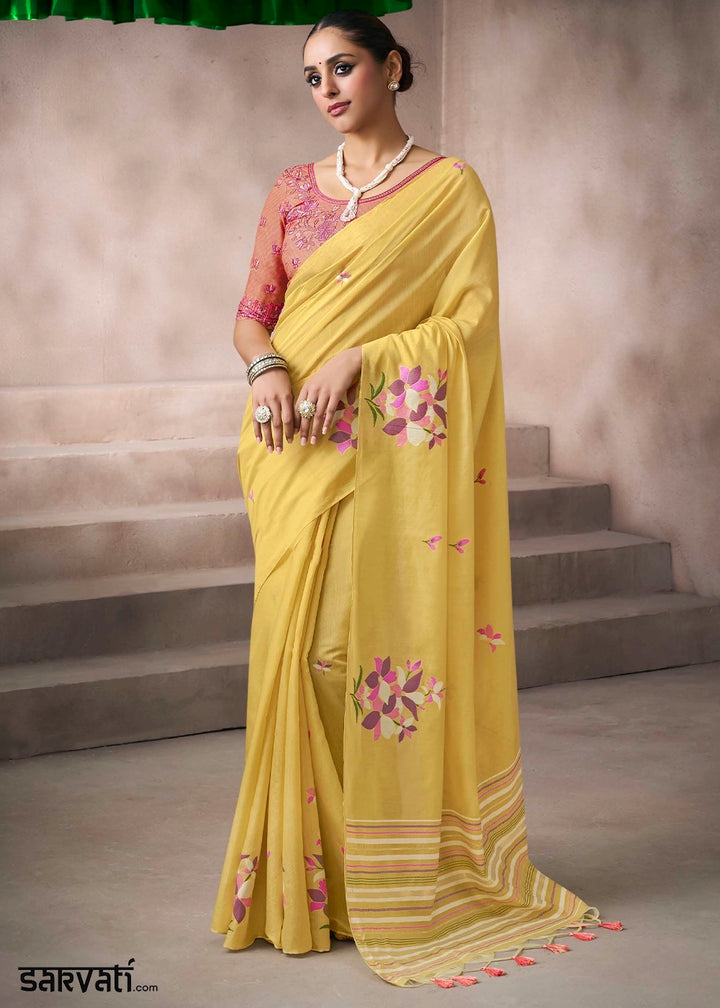 Canary Yellow Floral Print Viscose Cotton Saree with Embroidery Blouse