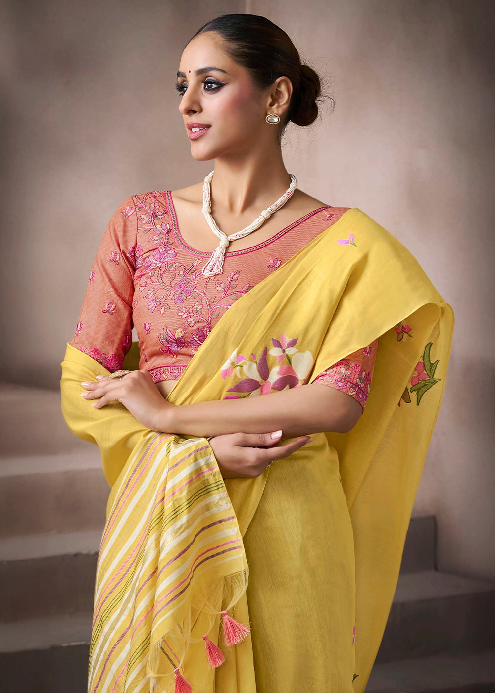 Canary Yellow Floral Print Viscose Cotton Saree with Embroidery Blouse