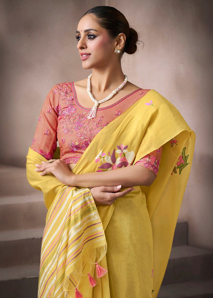Canary Yellow Floral Print Viscose Cotton Saree with Embroidery Blouse