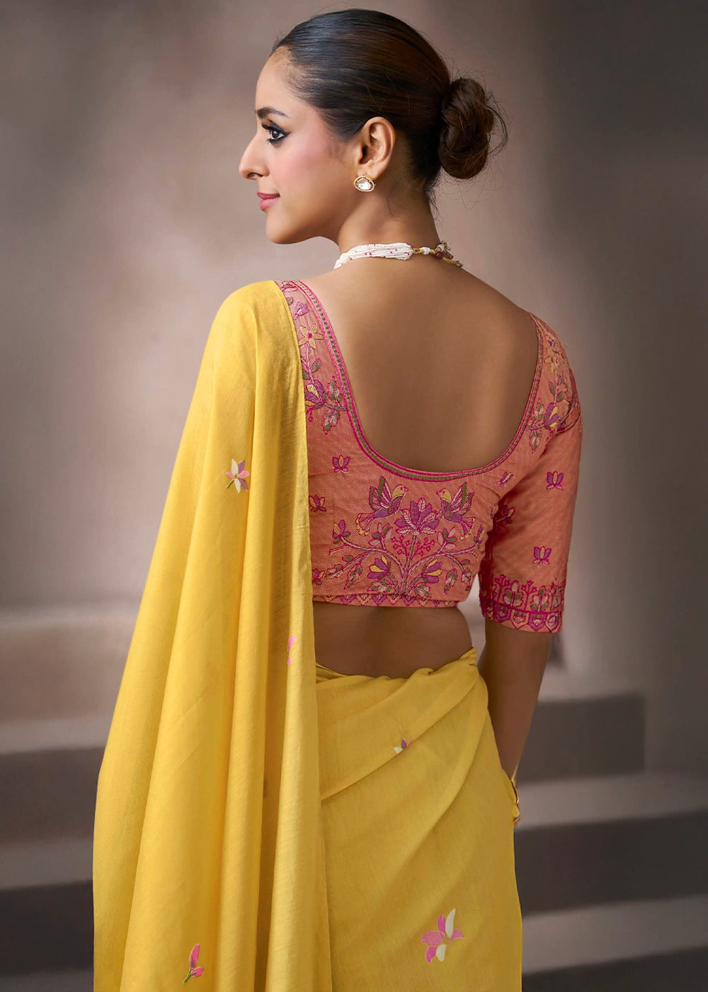 Canary Yellow Floral Print Viscose Cotton Saree with Embroidery Blouse