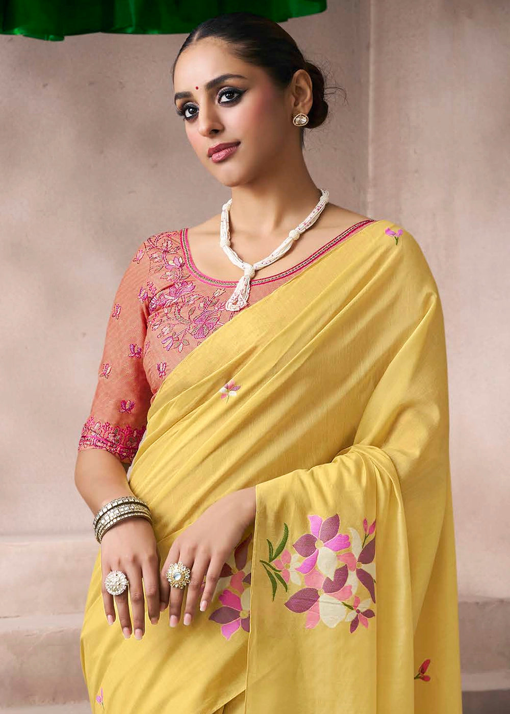 Canary Yellow Floral Print Viscose Cotton Saree with Embroidery Blouse
