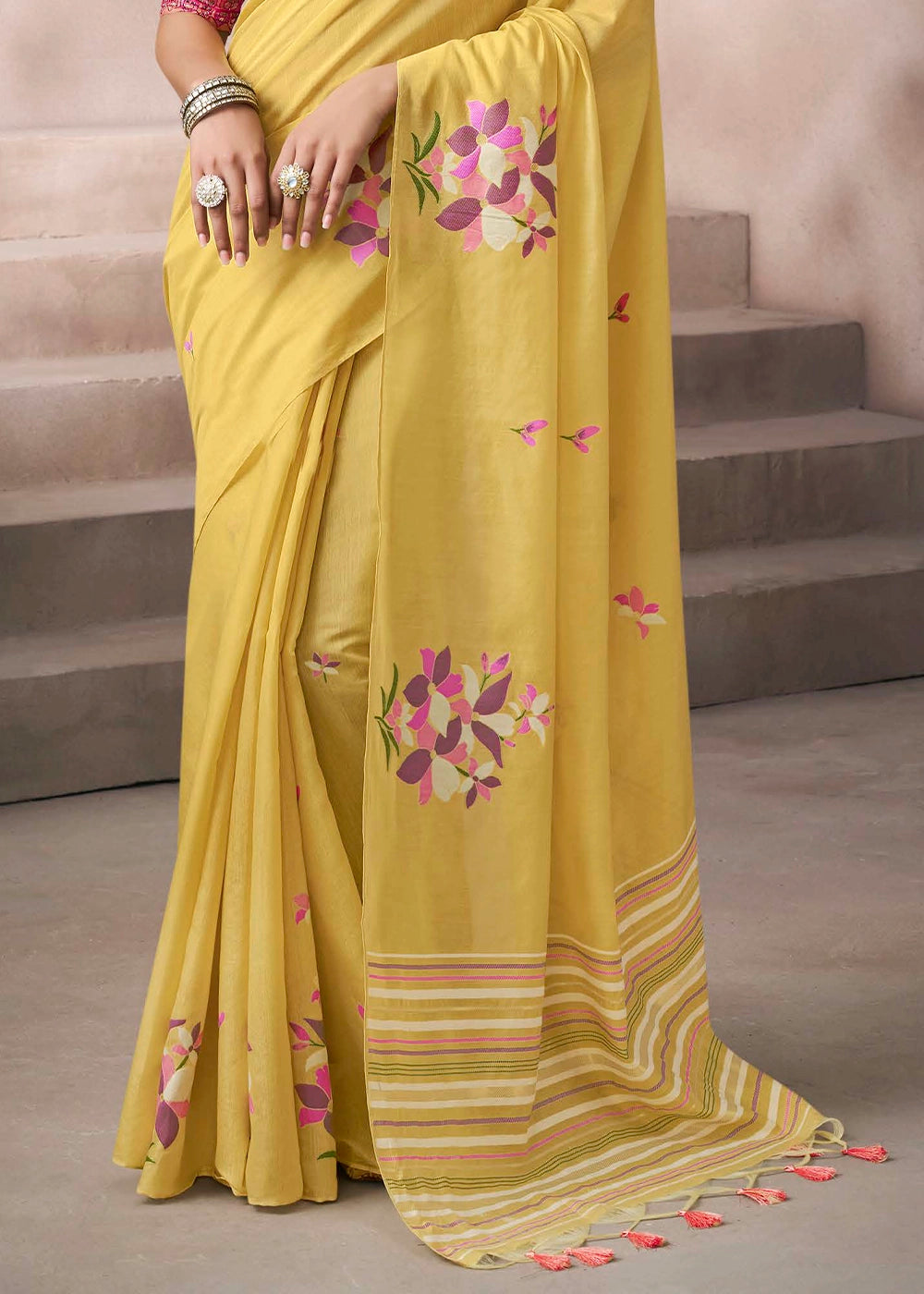 Canary Yellow Floral Print Viscose Cotton Saree with Embroidery Blouse