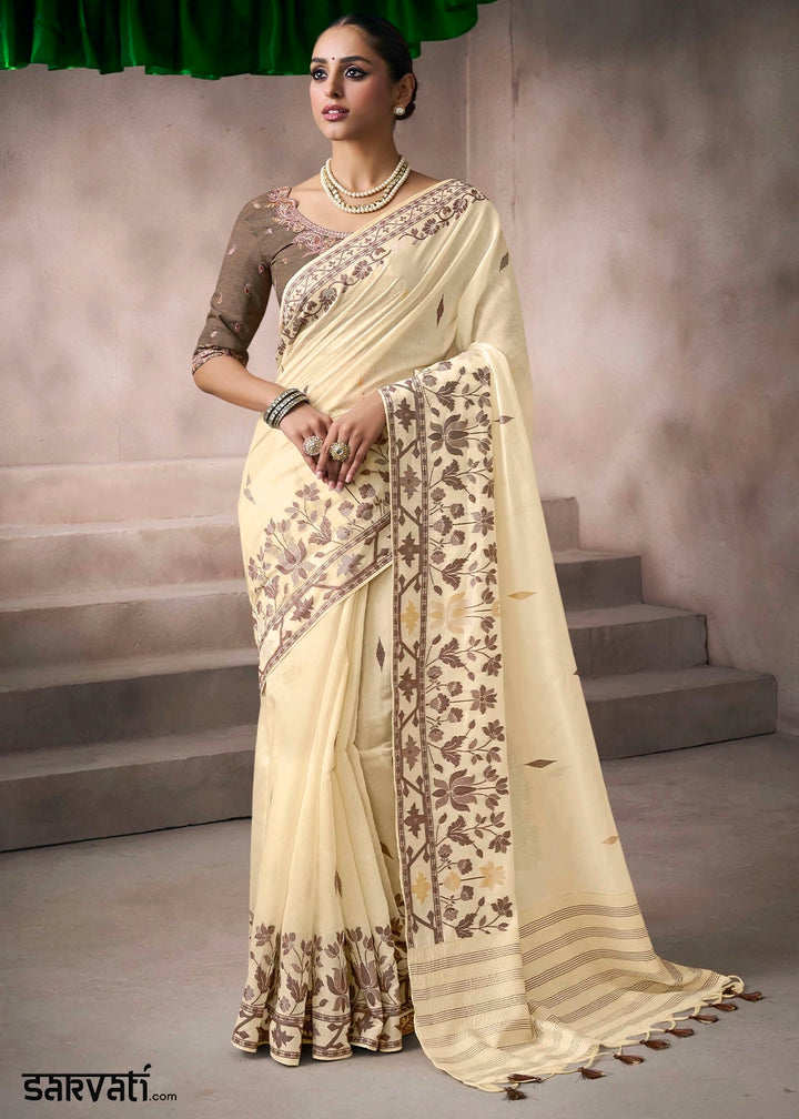 Cream White Floral Print Viscose Cotton Saree with Embroidery Blouse