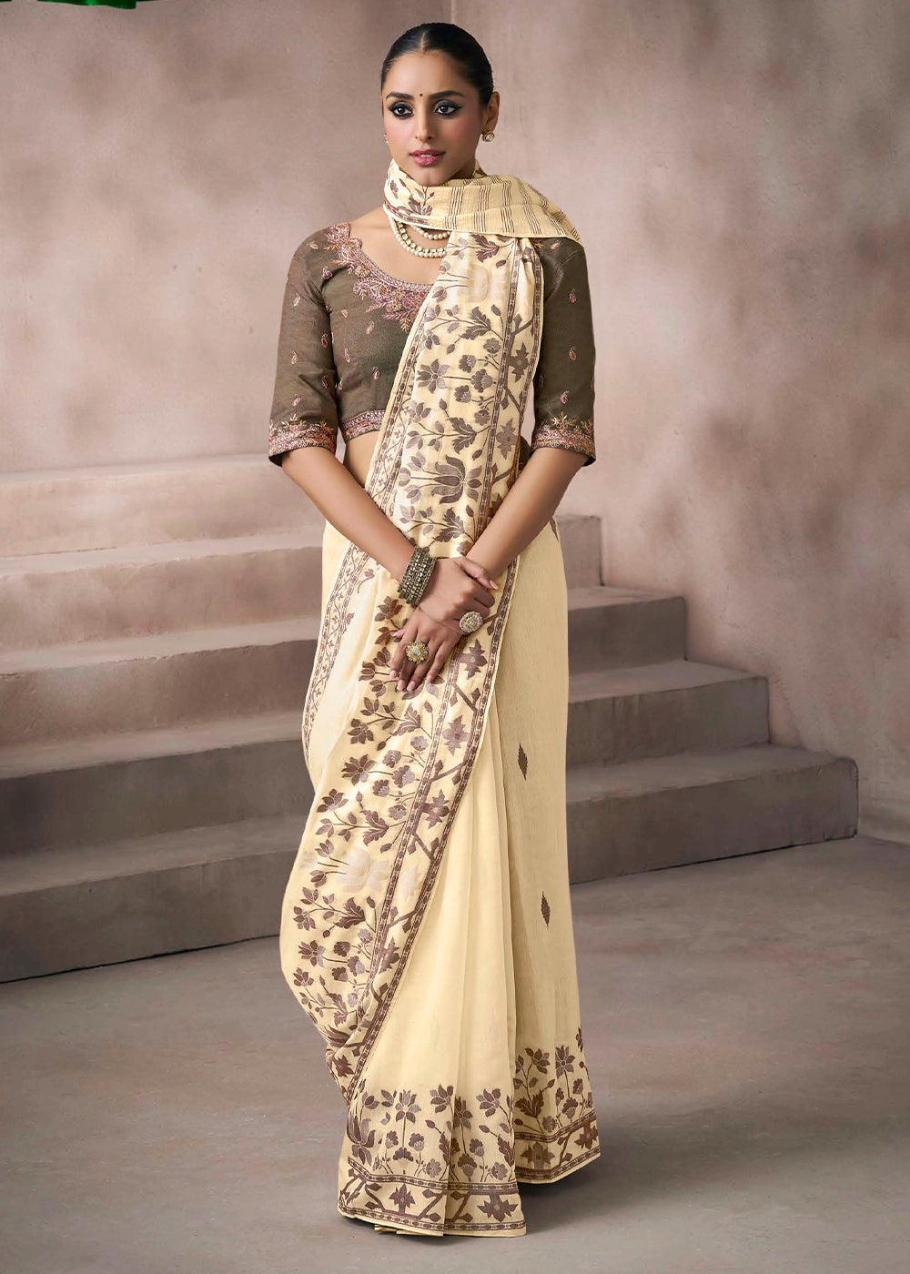 Cream White Floral Print Viscose Cotton Saree with Embroidery Blouse