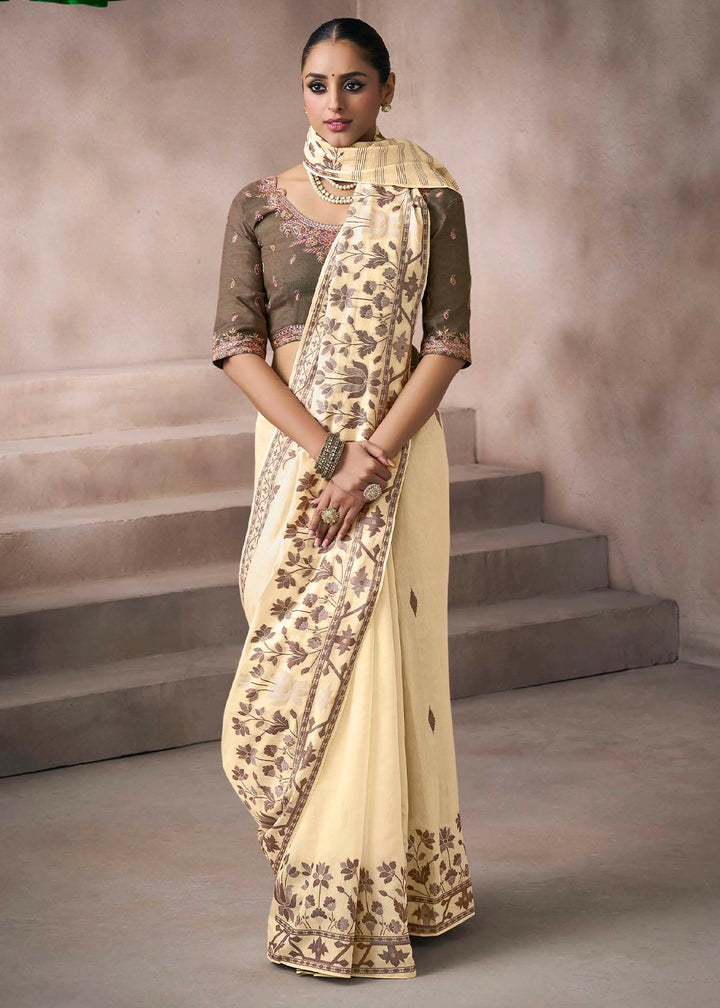 Cream White Floral Print Viscose Cotton Saree with Embroidery Blouse
