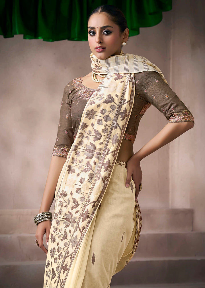 Cream White Floral Print Viscose Cotton Saree with Embroidery Blouse