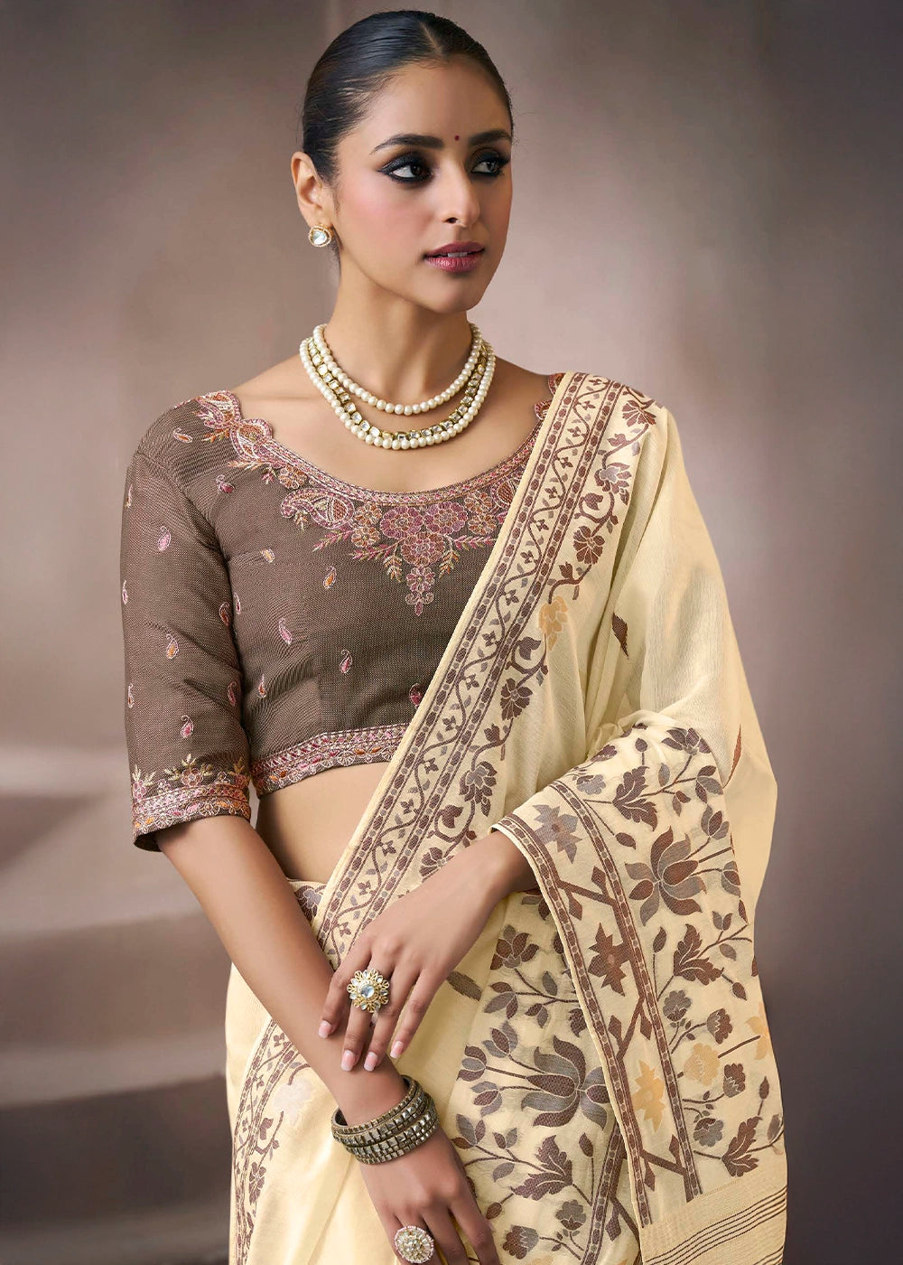 Cream White Floral Print Viscose Cotton Saree with Embroidery Blouse