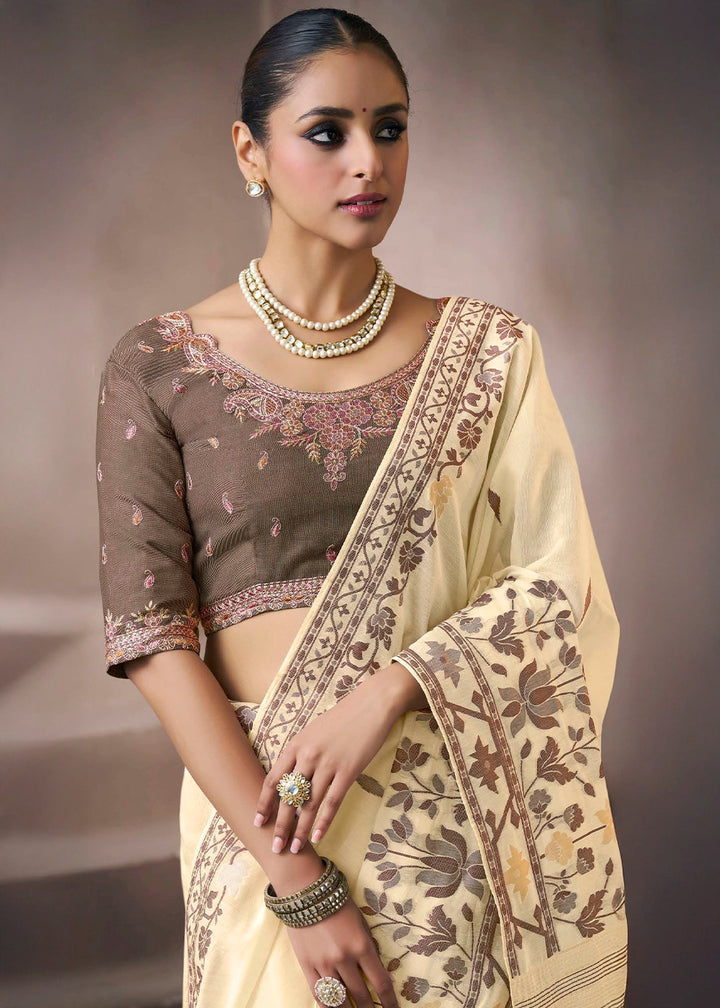 Cream White Floral Print Viscose Cotton Saree with Embroidery Blouse