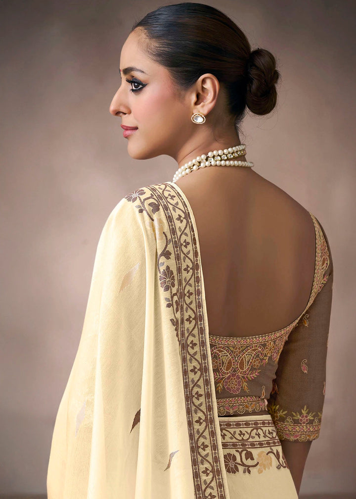 Cream White Floral Print Viscose Cotton Saree with Embroidery Blouse