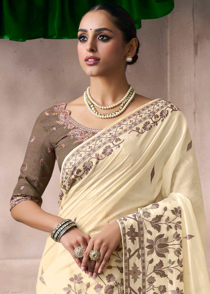 Cream White Floral Print Viscose Cotton Saree with Embroidery Blouse