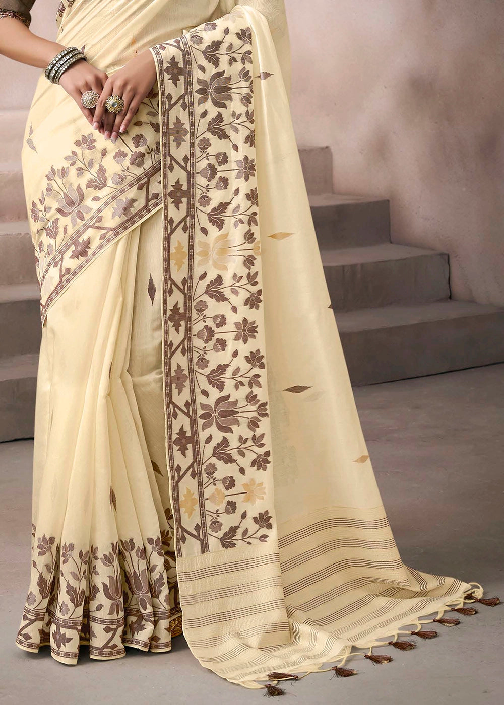 Cream White Floral Print Viscose Cotton Saree with Embroidery Blouse