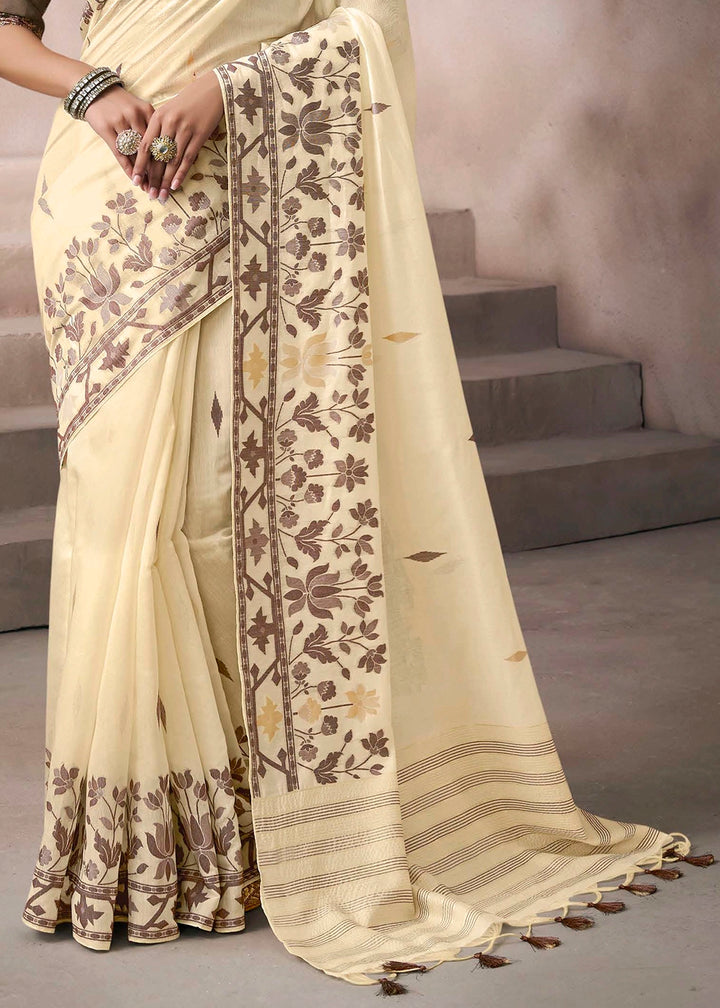 Cream White Floral Print Viscose Cotton Saree with Embroidery Blouse