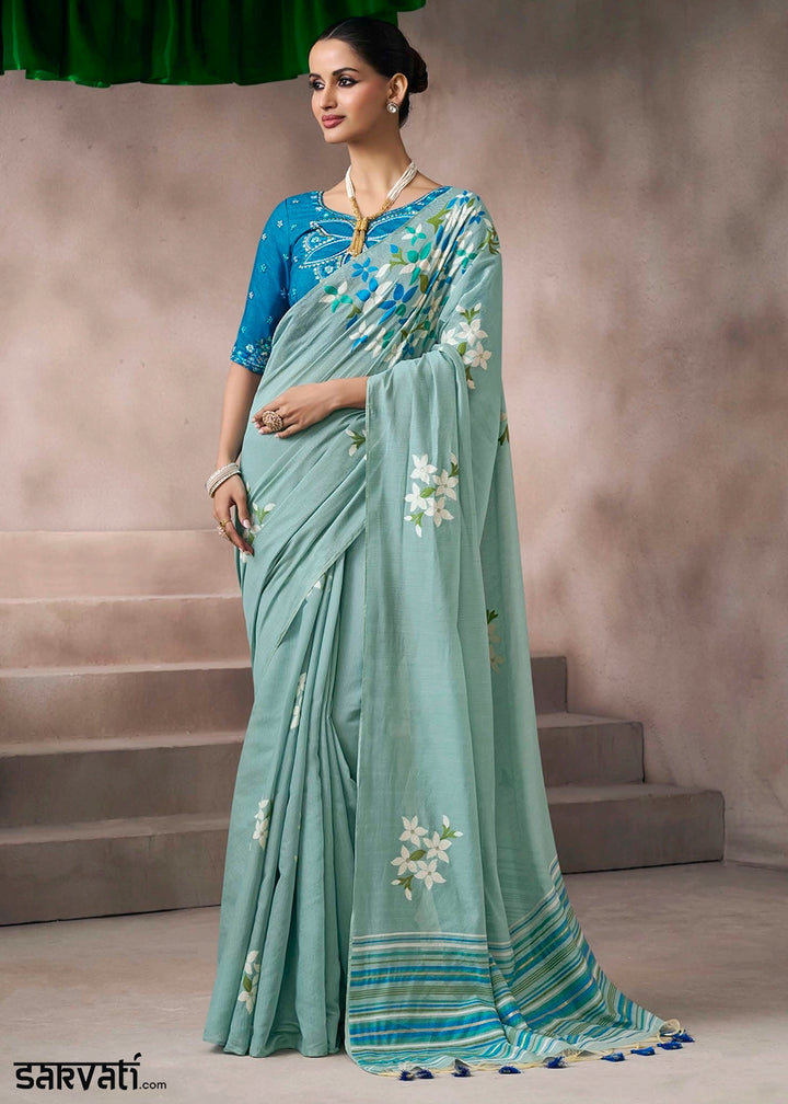 Light Blue Floral Print Viscose Cotton Saree with Embroidery Blouse