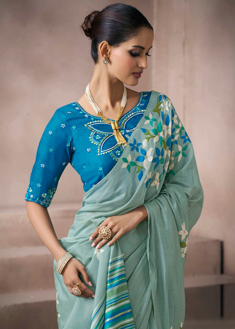 Light Blue Floral Print Viscose Cotton Saree with Embroidery Blouse