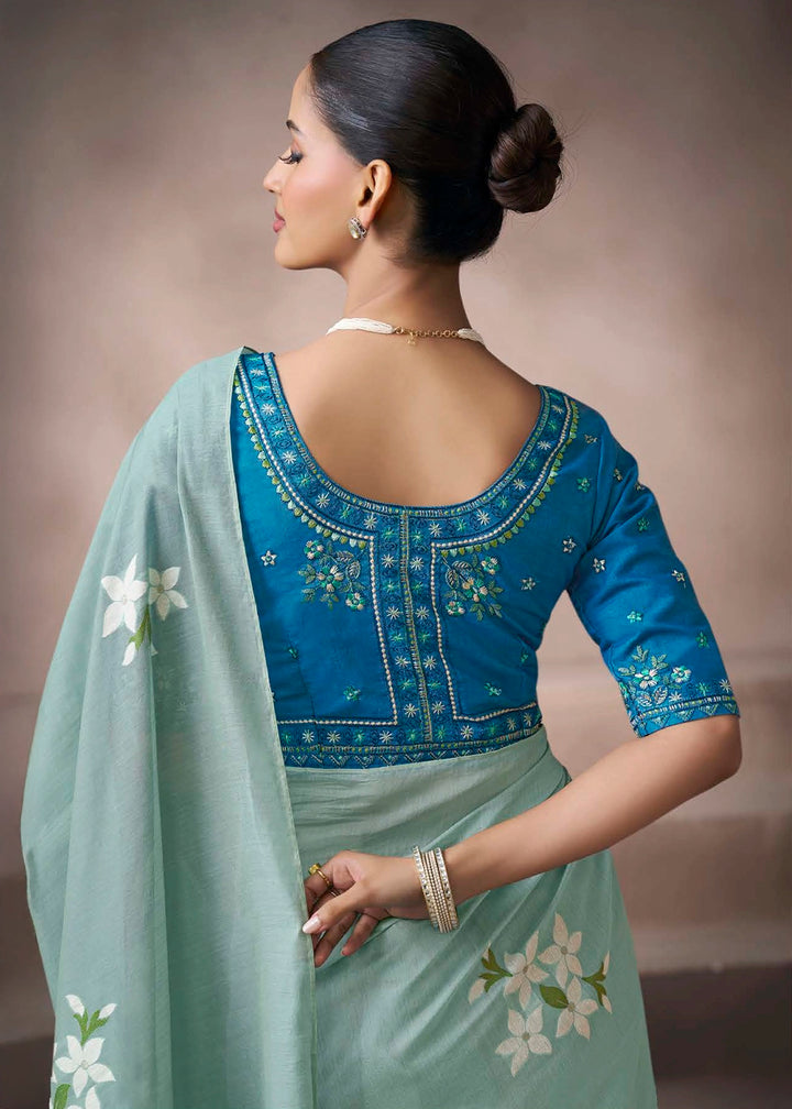 Light Blue Floral Print Viscose Cotton Saree with Embroidery Blouse