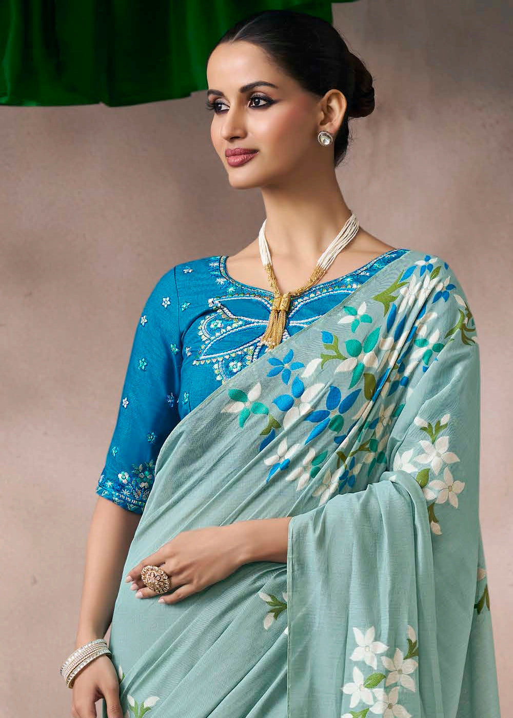 Light Blue Floral Print Viscose Cotton Saree with Embroidery Blouse