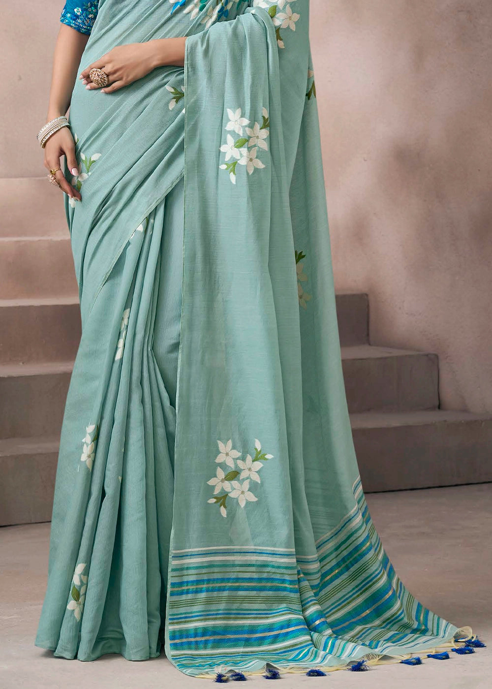 Light Blue Floral Print Viscose Cotton Saree with Embroidery Blouse