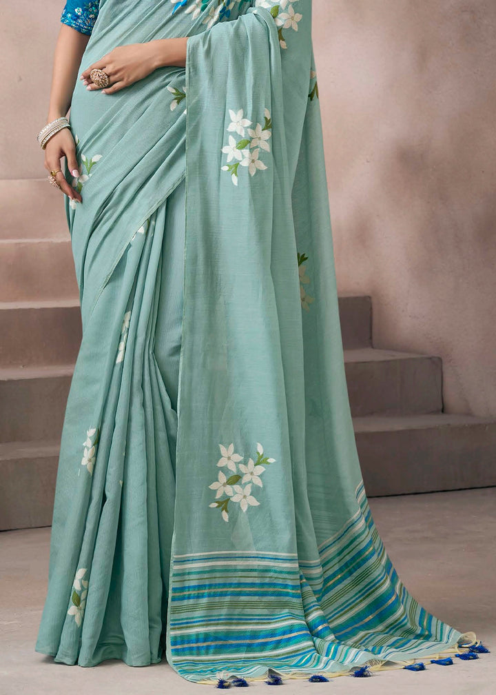 Light Blue Floral Print Viscose Cotton Saree with Embroidery Blouse