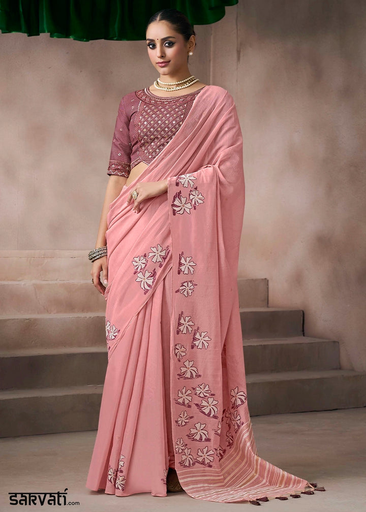 Peach Pink Floral Print Viscose Cotton Saree with Embroidery Blouse