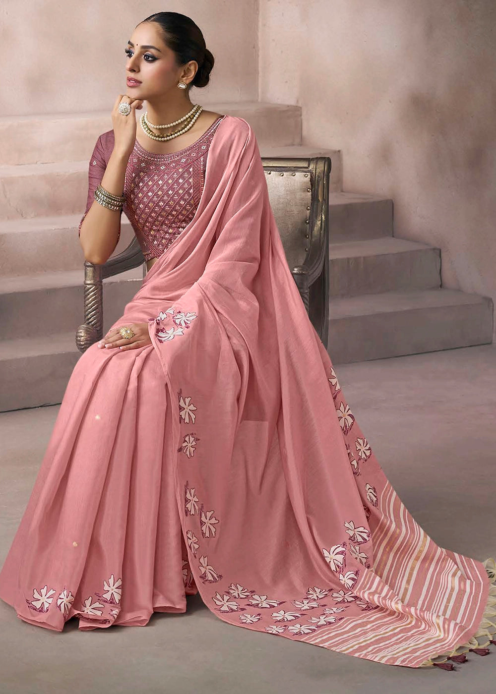 Peach Pink Floral Print Viscose Cotton Saree with Embroidery Blouse
