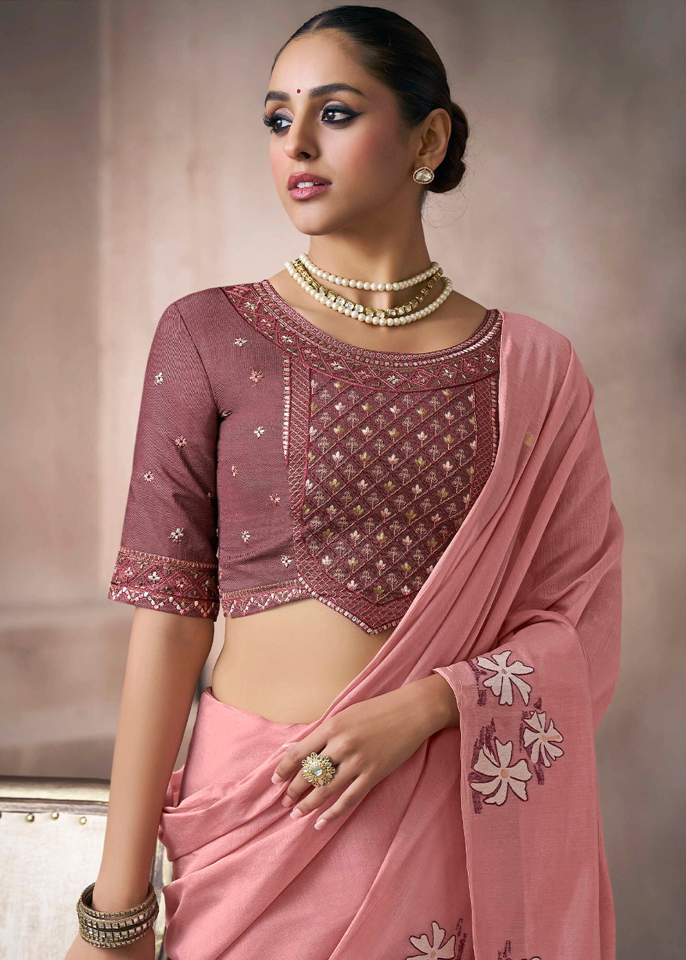 Peach Pink Floral Print Viscose Cotton Saree with Embroidery Blouse