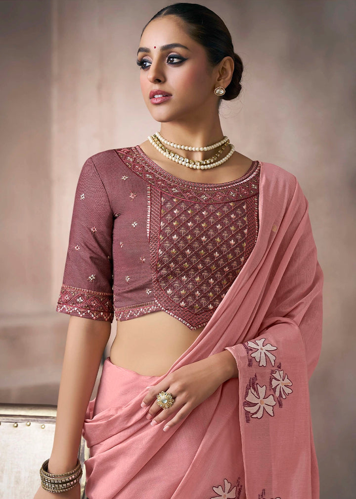 Peach Pink Floral Print Viscose Cotton Saree with Embroidery Blouse