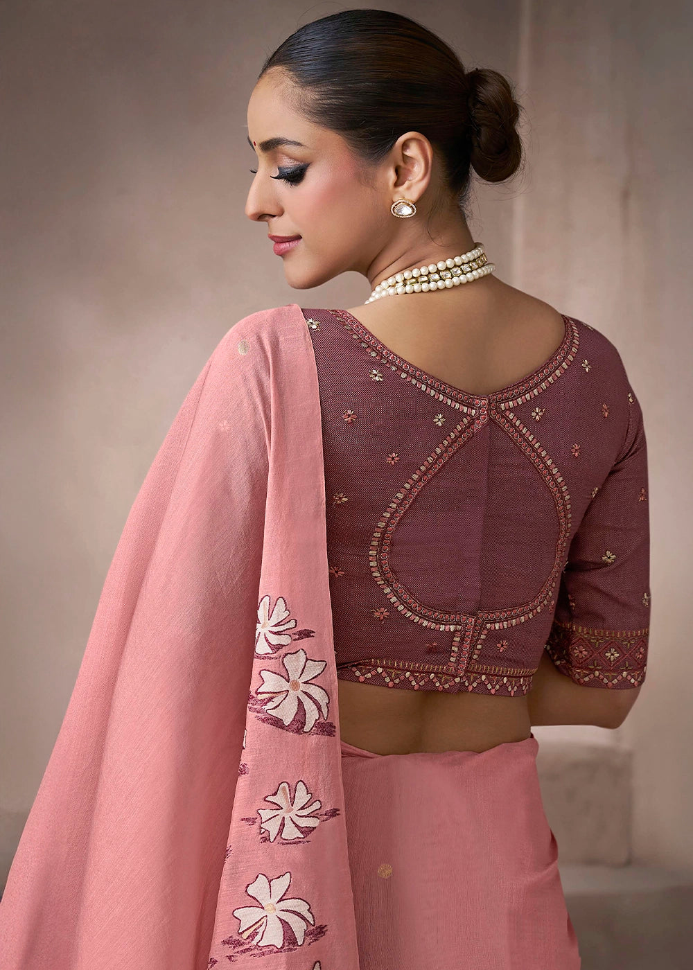 Peach Pink Floral Print Viscose Cotton Saree with Embroidery Blouse
