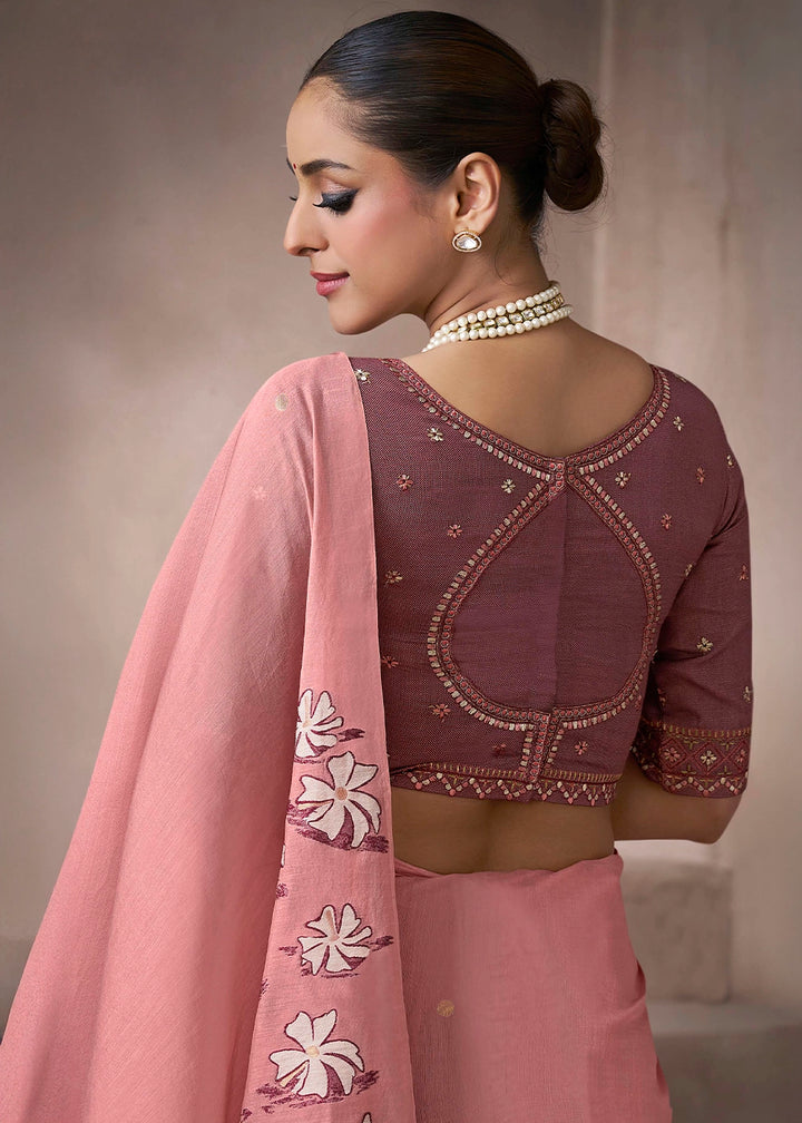 Peach Pink Floral Print Viscose Cotton Saree with Embroidery Blouse