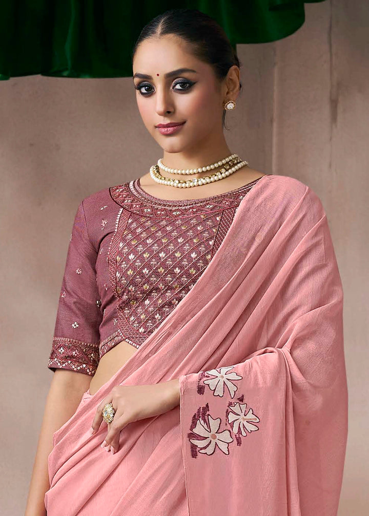 Peach Pink Floral Print Viscose Cotton Saree with Embroidery Blouse