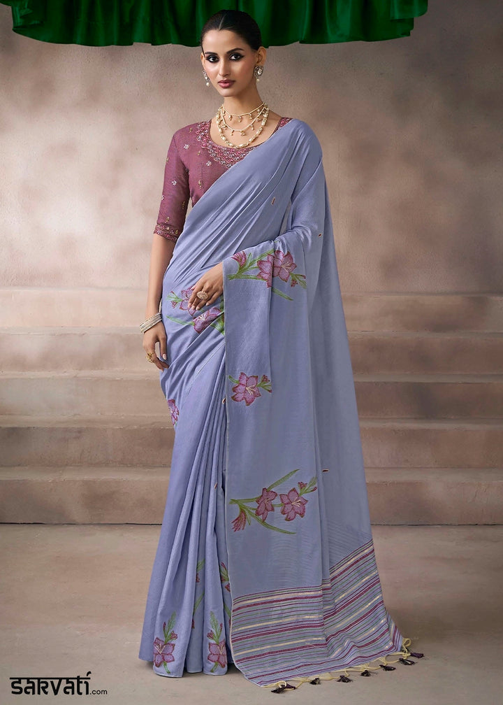 Neon Blue Floral Print Viscose Cotton Saree with Embroidery Blouse