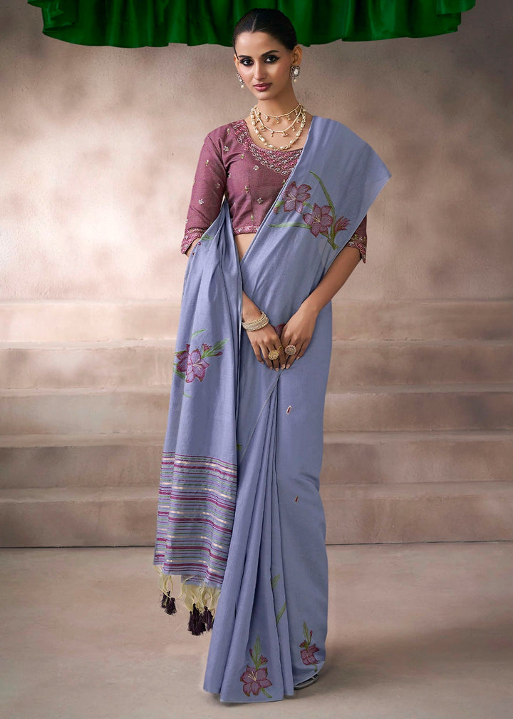 Neon Blue Floral Print Viscose Cotton Saree with Embroidery Blouse