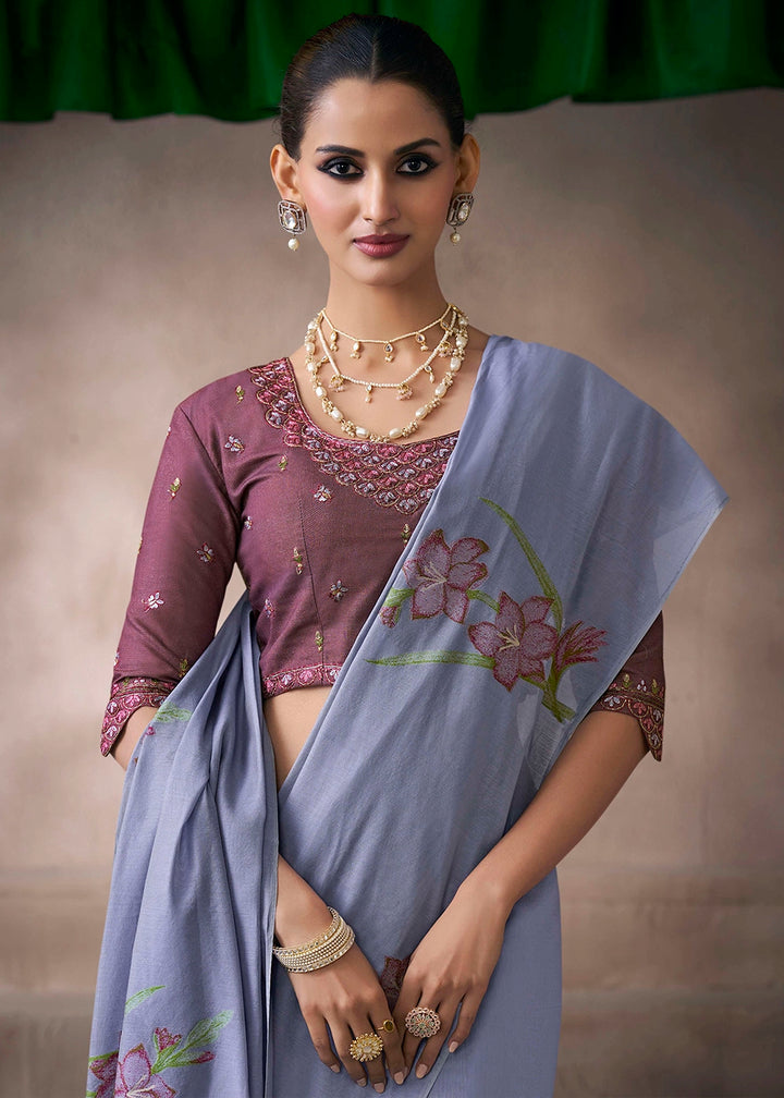 Neon Blue Floral Print Viscose Cotton Saree with Embroidery Blouse