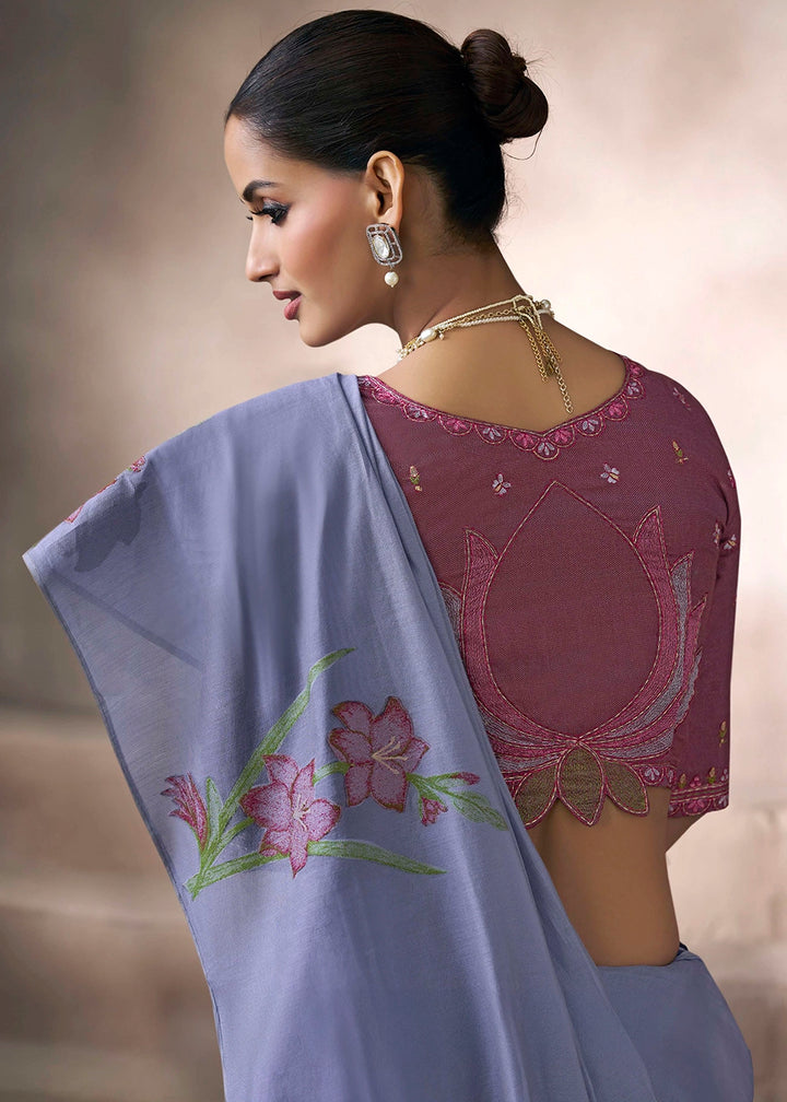 Neon Blue Floral Print Viscose Cotton Saree with Embroidery Blouse
