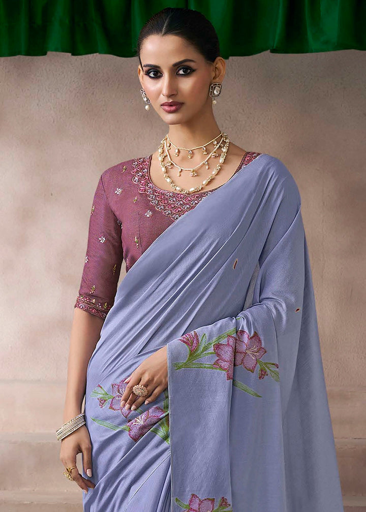Neon Blue Floral Print Viscose Cotton Saree with Embroidery Blouse