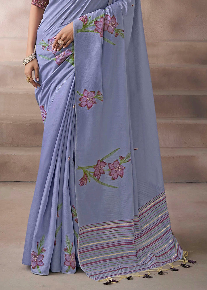 Neon Blue Floral Print Viscose Cotton Saree with Embroidery Blouse