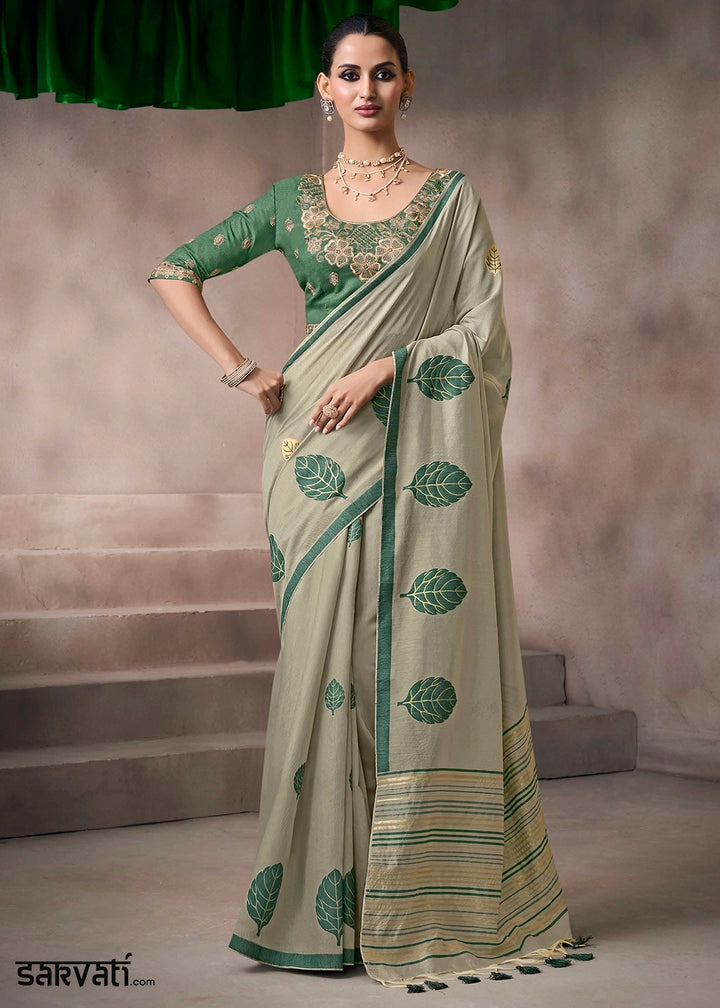 Shades Of Green Floral Print Viscose Cotton Saree with Embroidery Blouse