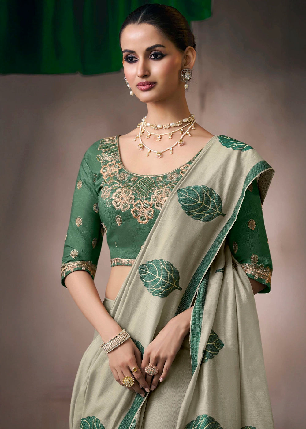 Shades Of Green Floral Print Viscose Cotton Saree with Embroidery Blouse