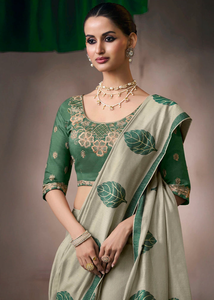Shades Of Green Floral Print Viscose Cotton Saree with Embroidery Blouse