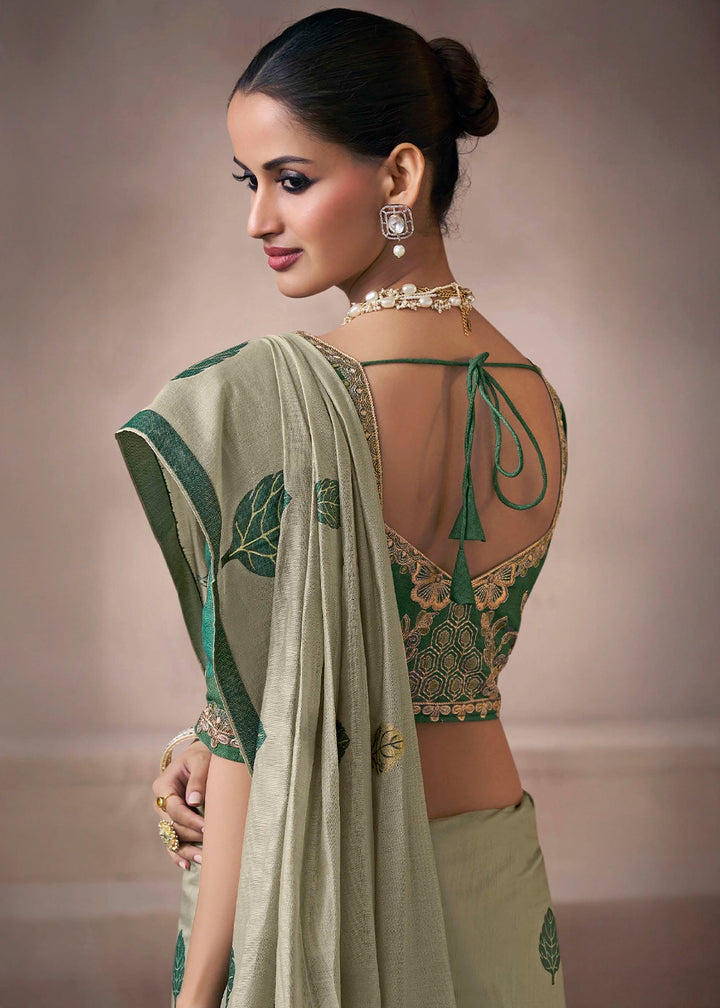Shades Of Green Floral Print Viscose Cotton Saree with Embroidery Blouse