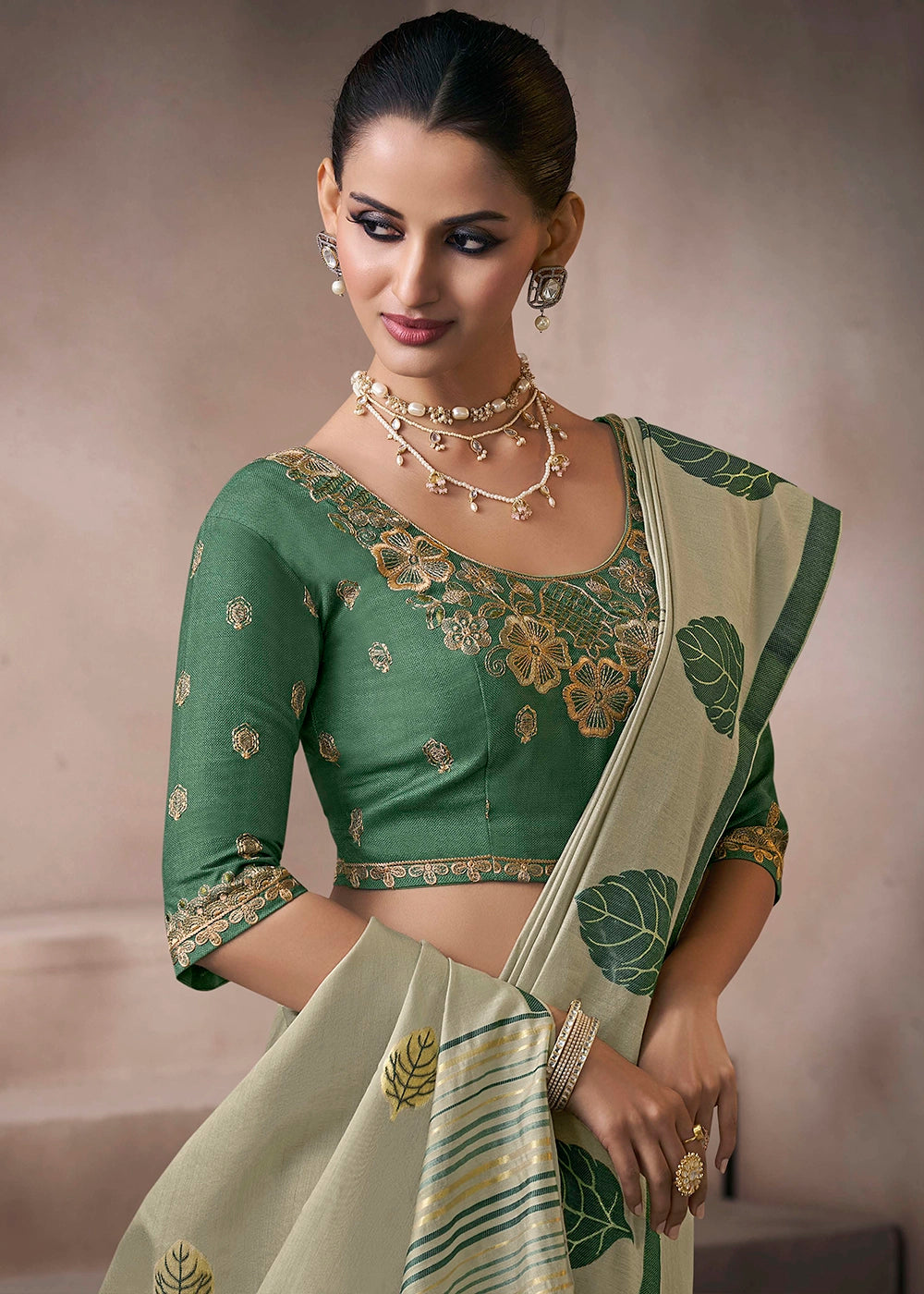 Shades Of Green Floral Print Viscose Cotton Saree with Embroidery Blouse