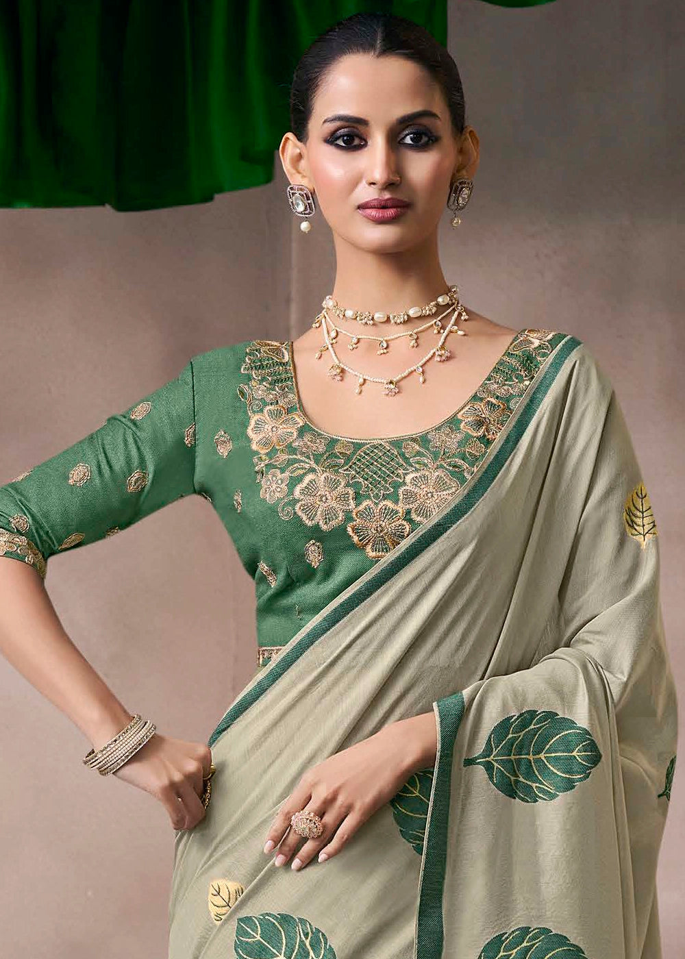 Shades Of Green Floral Print Viscose Cotton Saree with Embroidery Blouse