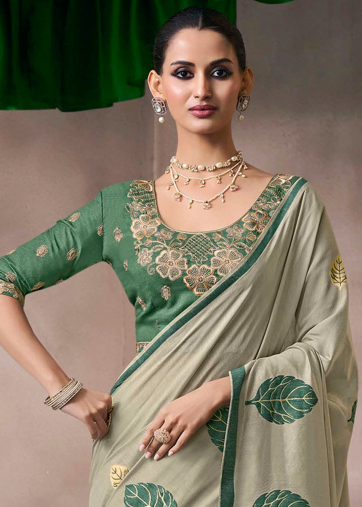 Shades Of Green Floral Print Viscose Cotton Saree with Embroidery Blouse