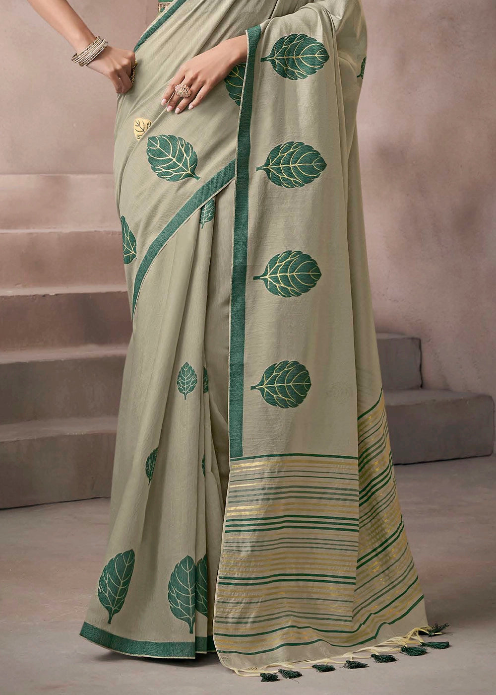 Shades Of Green Floral Print Viscose Cotton Saree with Embroidery Blouse