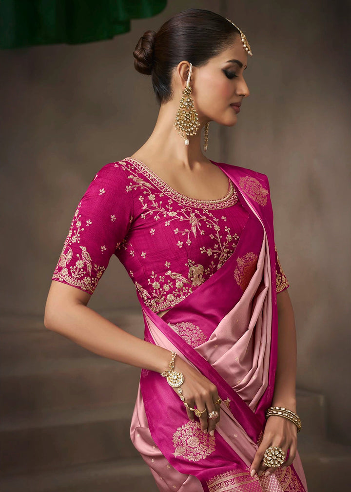 Blush Pink Satin Silk Saree with Zari Border & Embroidered Blouse