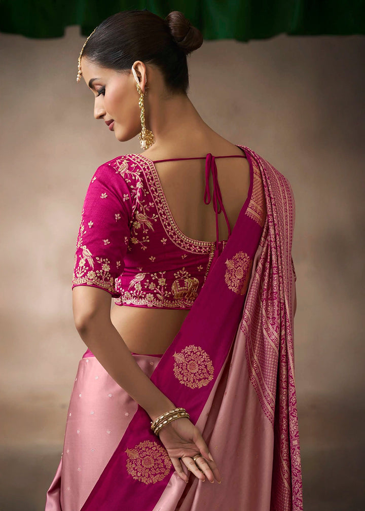 Blush Pink Satin Silk Saree with Zari Border & Embroidered Blouse