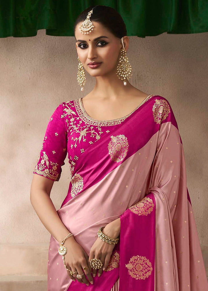 Blush Pink Satin Silk Saree with Zari Border & Embroidered Blouse
