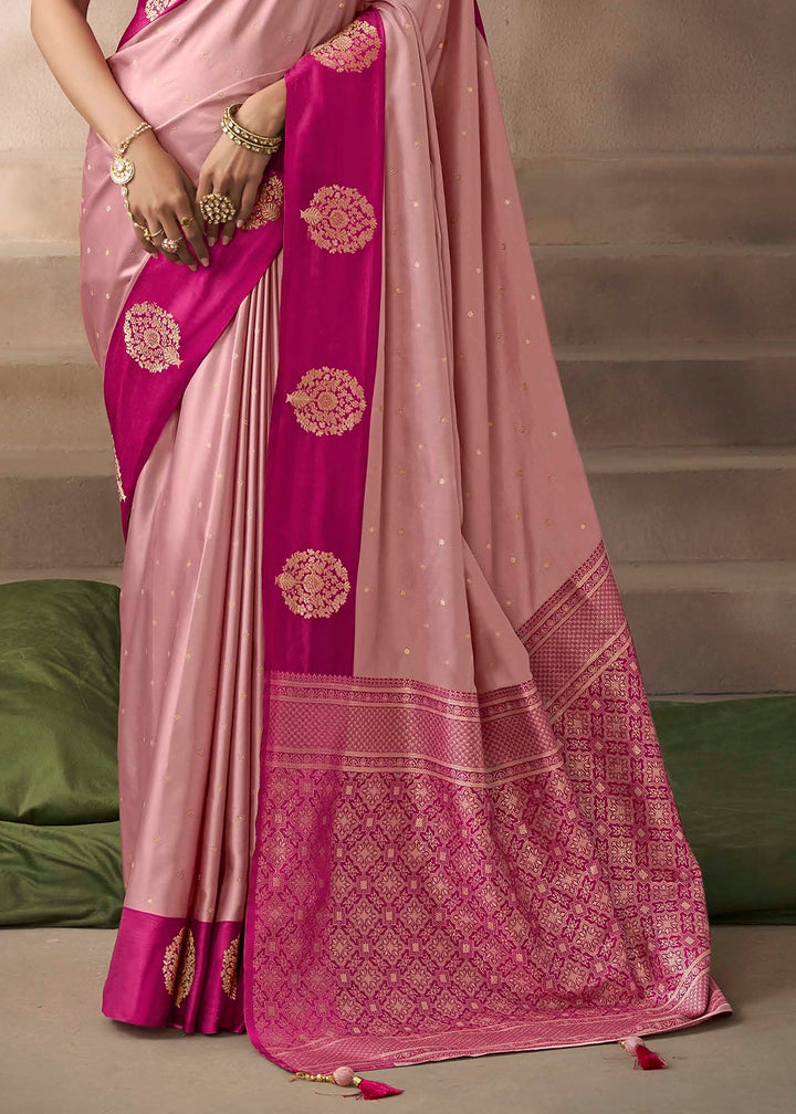 Blush Pink Satin Silk Saree with Zari Border & Embroidered Blouse