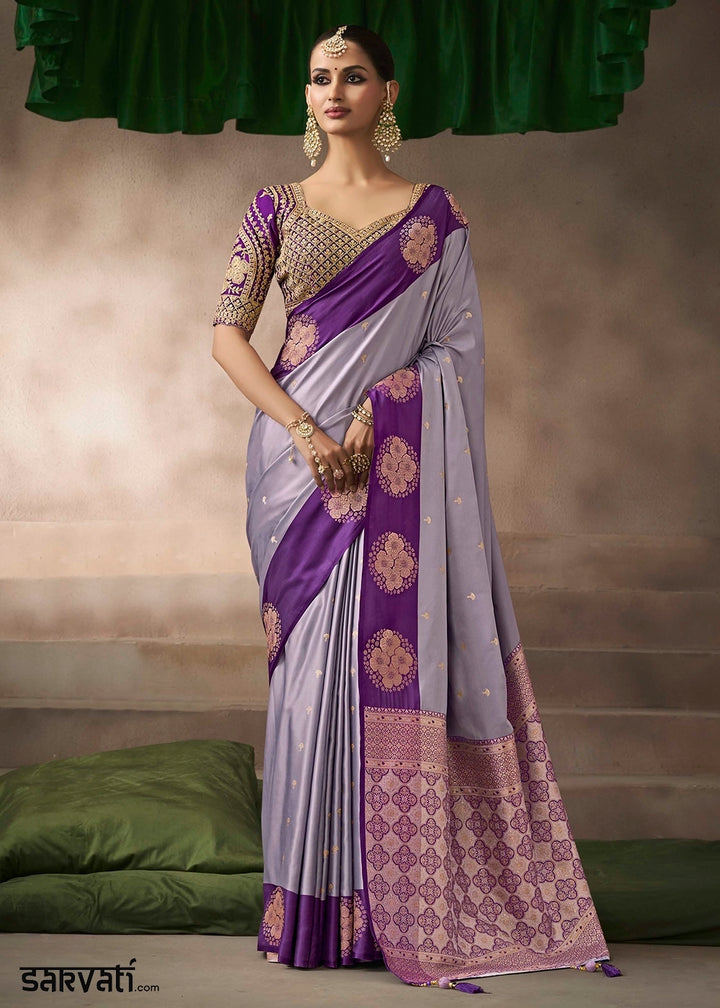 Light Steel Blue Satin Silk Saree with Zari Border & Embroidered Blouse