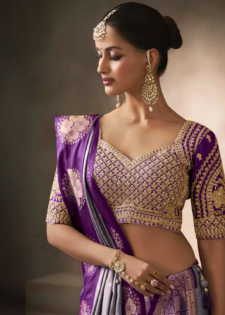 Light Steel Blue Satin Silk Saree with Zari Border & Embroidered Blouse