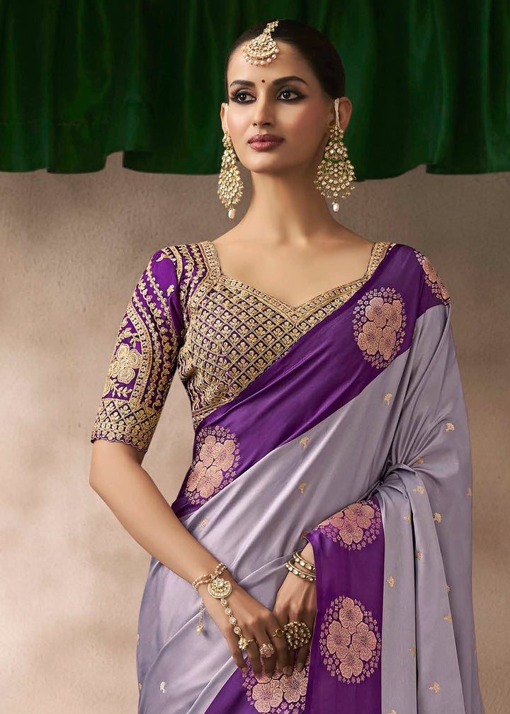 Light Steel Blue Satin Silk Saree with Zari Border & Embroidered Blouse